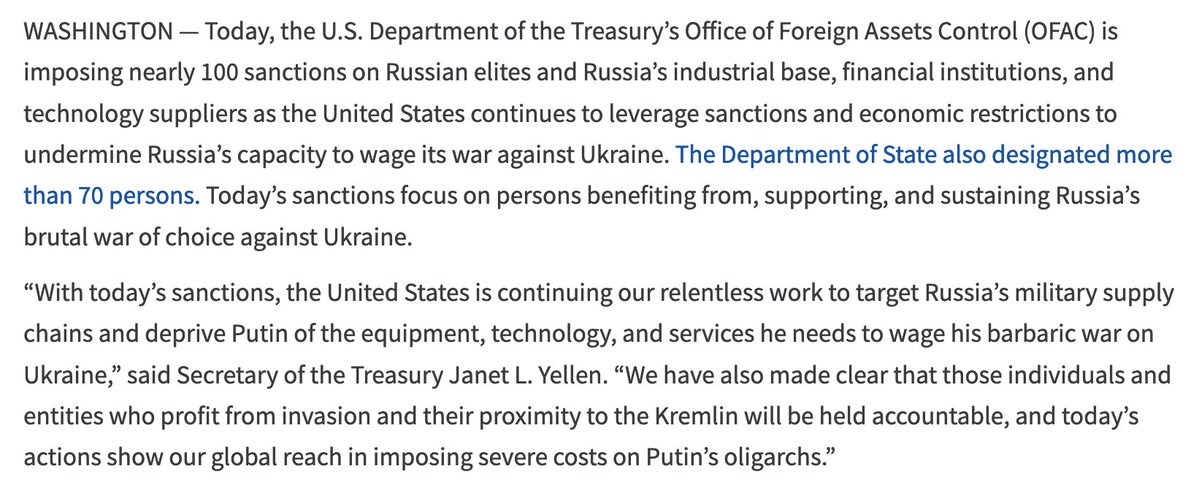 @USTreasury slaps Russian elites, Russian industrial base and tech suppliers with nearly 100 sanctions. Aim is to deprive Putin of the equipment, technology, and services he needs to wage his barbaric war on Ukraine per @SecYellen