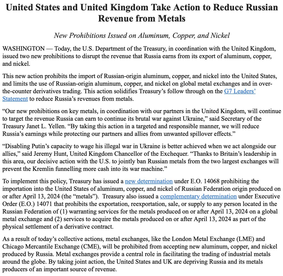 US, Britain restricted Russian metal exports, -   @USTreasury, British officials issue new prohibitions against Russian-origin aluminum, copper and nickel