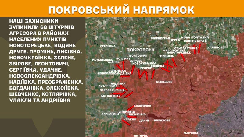 At Pokrovsk axis clashes yesterday near Novotoretske, Vodyane Druhe, Promin, Lysivka, Novoukrayinka, Zelene, Zvirove, Leontovychi, Serhiyivka, Udachne, Novooleksandrivka, Nadiyivka, Preobrazhenka, Bohdanivka, Oleksiyivka, Shevchenko, Kotlyarivka, Ulakly and Andriyivka, - General Staff of Armed Forces of Ukraine reports