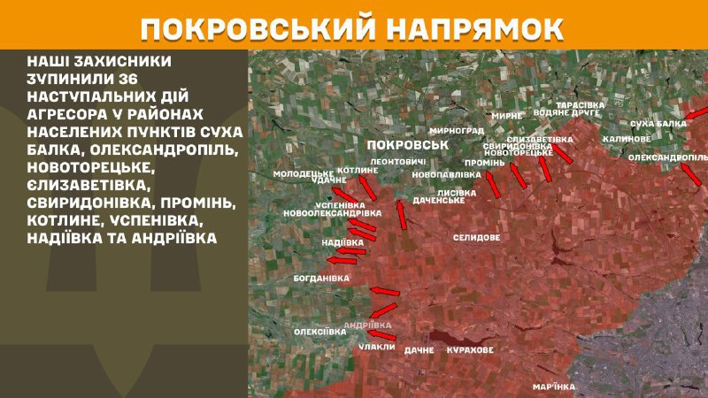 At Pokrovsk axis clashes yesterday near Sukha Balka, Oleksandropil, Novotoretske, Yelyzavetivka, Svyrydonivka, Promin, Kotlyne, Uspenivka, Nadiyivka and Andriyivka, - General Staff of Armed Forces of Ukraine reports