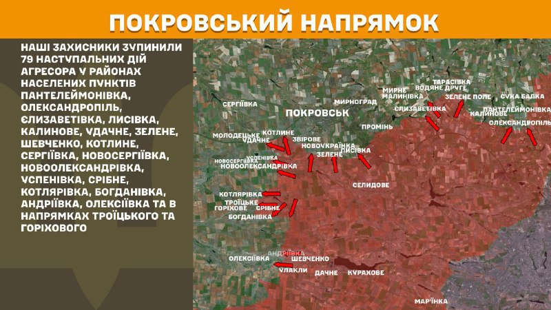 At Pokrovsk axis clashes yesterday near Panteleymonivka, Oleksandropil, Yelyzavetivka, Lysivka, Kalynove, Udachne, Zelene, Shevchenko, Kotlyne, Serhiyivka, Novoserhiyivka, Novooleksandrivka, Uspenivka, Sribne, Kotlyarivka, Bohdanivka, Andriyivka, Oleksiyivka and towards Troyitske and Horikhove, - General Staff of Armed Forces of Ukraine reports