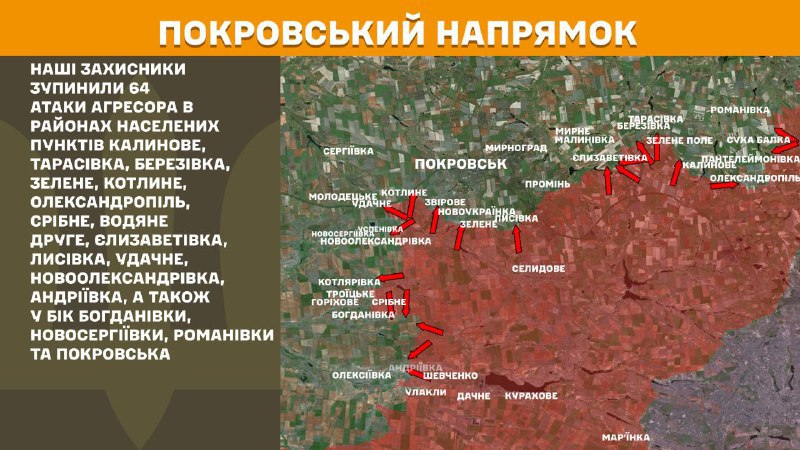 At Pokrovsk axis clashes yesterday near Kalynove, Tarasivka, Berezivka, Zelene, Kotlyne, Oleksandropil, Sribne, Vodyane Druhe, Yelyzavetivka, Lysivka, Udachne, Novooleksandrivka, Andriyivka, also towards Bohdanivka, Novoserhiyivka, Romanivka and Pokrovsk, - General Staff of Armed Forces of Ukraine reports