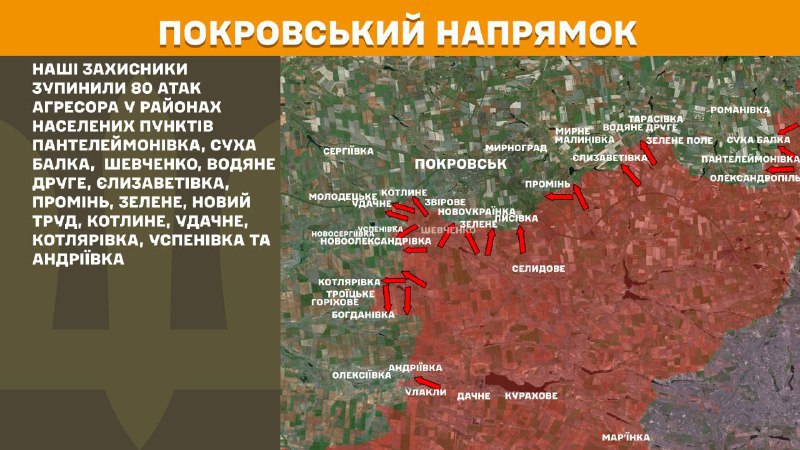 At Pokrovsk axis clashes yesterday near Panteleymonivka, Sukha Balka, Shevchenko, Vodyane Druhe, Yelyzavetivka, Promin, Zelene, Novyy Trud, Kotlyne, Udachne, Kotlyarivka, Uspenivka and Andriyivka, - General Staff of Armed Forces of Ukraine reports