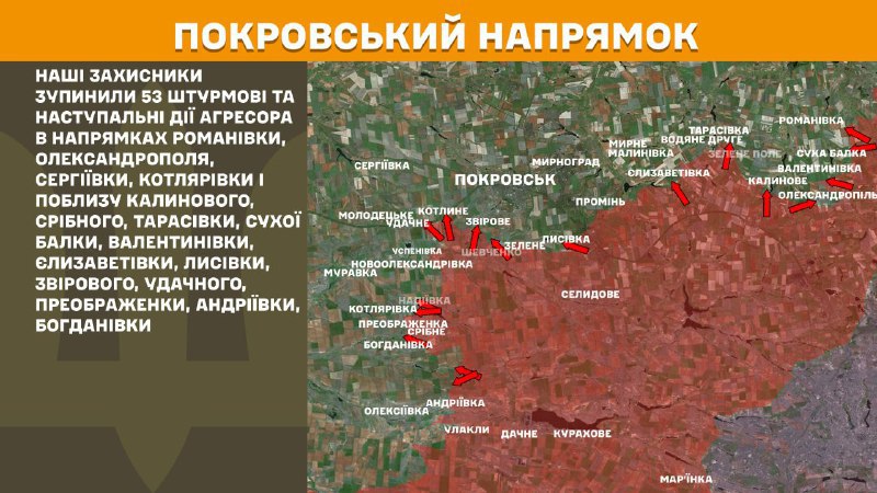 At Pokrovsk axis clashes yesterday near Romanivka, Oleksandropil, Serhiyivka, Kotlyarivka and near Kalynove, Sribne, Tarasivka, Sukha Balka, Valentynivka, Yelyzavetivka, Lysivka, Zvirove, Udachne, Preobrazhenka, Andriyivka, Bohdanivka, - General Staff of Armed Forces of Ukraine reports