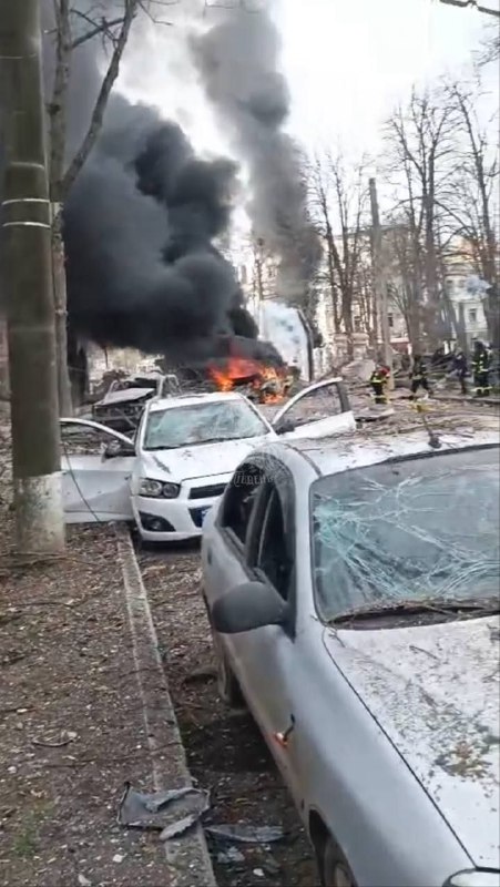 Vehicles are on fire after ballistic missile strikes in Sumy