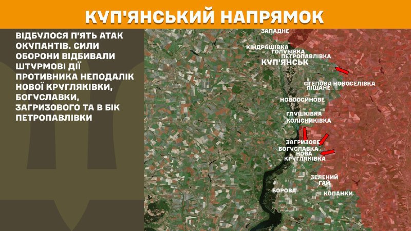At Kupyansk axis clashes yesterday near Nova Kruhlyakivka, Bohuslavka, Zahryzove and towards Petropavlivka, - General Staff of Armed Forces of Ukraine reports