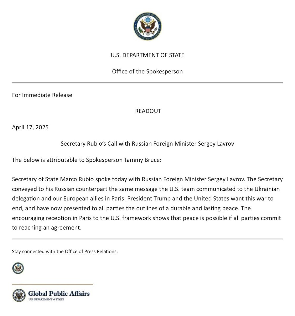 Secretary Rubio spoke on the phone to Russian Foreign Minister Sergey Lavrov on Thursday — as parallel talks in Paris with Europeans and Ukrainians were getting underway. He also says the U.S. “framework” has received an encouraging reception in Paris