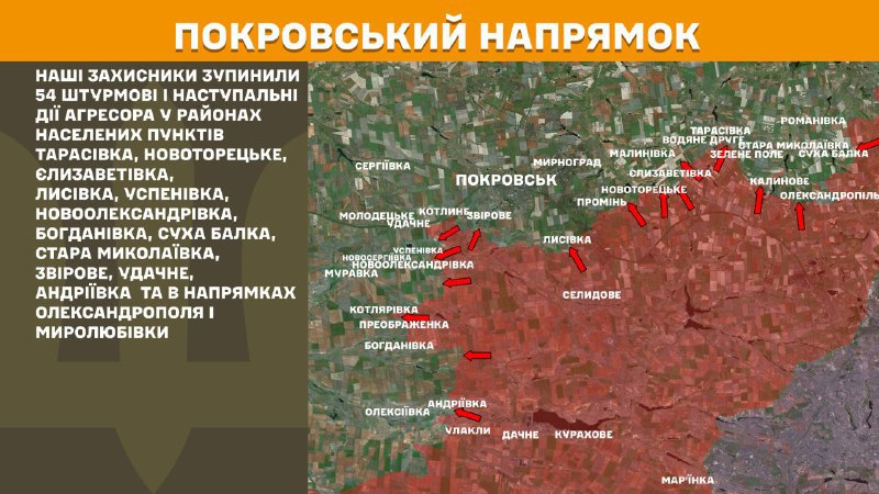 At Pokrovsk axis clashes yesterday near Tarasivka, Novotoretske, Yelyzavetivka, Lysivka, Uspenivka, Novooleksandrivka, Bohdanivka, Sukha Balka, Stara Mykolayivka, Zvirove, Udachne, Andriyivka and towards Oleksandropil and Myrolubivka, - General Staff of Armed Forces of Ukraine reports