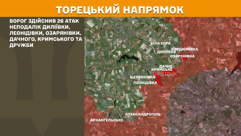 At Toretsk axis clashes yesterday near Dyliyivka, Leonidivka, Ozaryanivka, Dachne, Krymske and Druzhba, - General Staff of Armed Forces of Ukraine reports