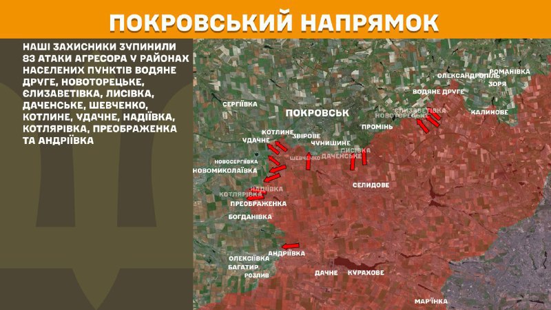 At Pokrovsk axis clashes yesterday near Vodyane Druhe, Novotoretske, Yelyzavetivka, Lysivka, Dachenske, Shevchenko, Kotlyne, Udachne, Nadiyivka, Kotlyarivka, Preobrazhenka and Andriyivka, - General Staff of Armed Forces of Ukraine reports