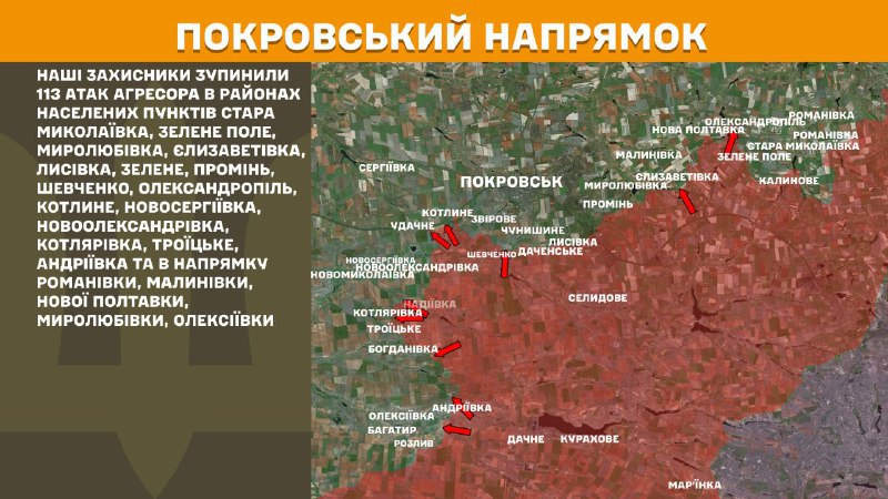 At Pokrovsk axis clashes yesterday near Stara Mykolayivka, Zelene Pole, Myrolubivka, Yelyzavetivka, Lysivka, Zelene, Promin, Shevchenko, Oleksandropil, Kotlyne, Novoserhiyivka, Novooleksandrivka, Kotlyarivka, Troyitske, Andriyivka and towards Romanivka, Malynivka, Nova Poltavka, Myrolubivka, Oleksiyivka, - General Staff of Armed Forces of Ukraine reports