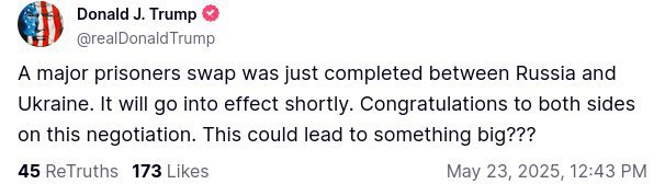 A major prisoner exchange between Russia and Ukraine has just been completed, - Trump says. He says the exchange will take effect soon.