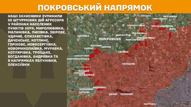 At Pokrovsk axis clashes yesterday near Zorya, Myrolubivka, Malynivka, Lysivka, Zvirove, Udachne, Yelyzavetivka, Dachenske, Kotlyne, Horikhove, Novoserhiyivka, Novomykolayivka, Muravka, Kotlyarivka, Troyitske, Bohdanivka, Andriyivka and towards Yablunivka, Oleksiyivka, - General Staff of Armed Forces of Ukraine reports