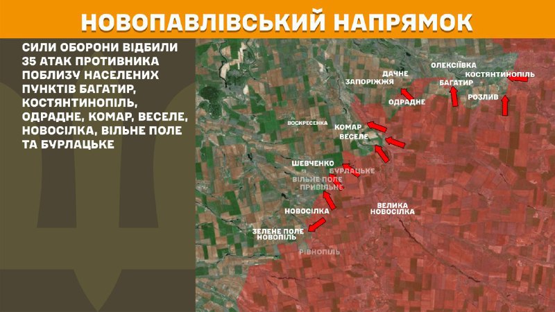 At Novopavlivka axis clashes yesterday near Bahatyr, Kostyantynopil, Odradne, Komar, Vesele, Novosilka, Vilne Pole and Burlatske, - General Staff of Armed Forces of Ukraine reports