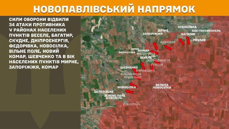 At Novopavlivka axis clashes yesterday near Vesele, Bahatyr, Skudne, Dniproenerhiya, Fedorivka, Novosilka, Vilne Pole, Novyy Komar, Shevchenko and towards Myrne, Zaporizhzhya, Komar, - General Staff of Armed Forces of Ukraine reports