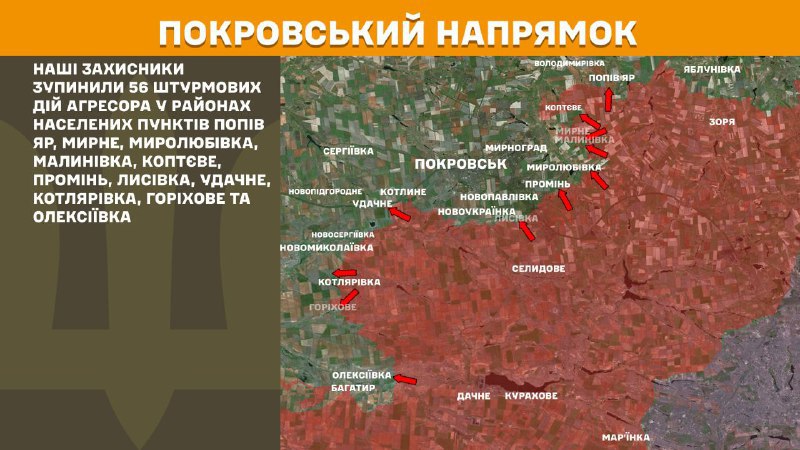 At Pokrovsk direction clashes yesterday near Popiv Yar, Myrne, Myrolubivka, Malynivka, Koptyeve, Promin, Lysivka, Udachne, Kotlyarivka, Horikhove and Oleksiyivka, - General Staff of Armed Forces of Ukraine reports