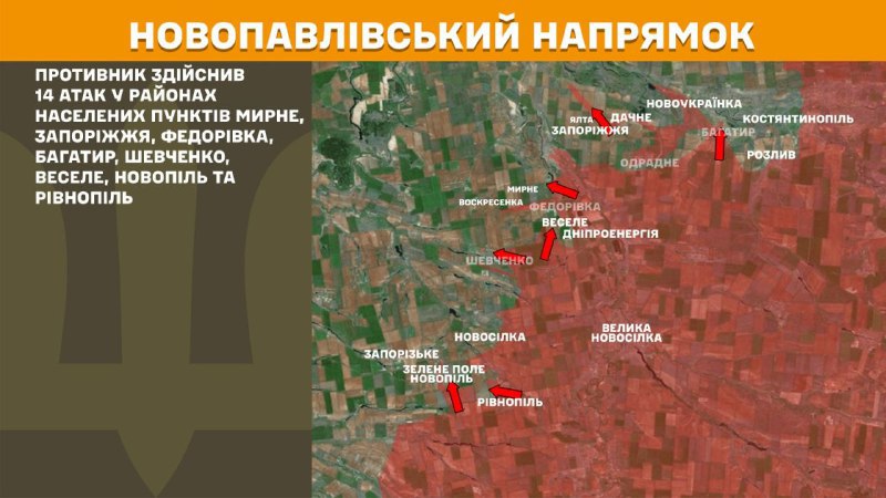 At Novopavlivka direction clashes yesterday near Myrne, Zaporizhzhya, Fedorivka, Bahatyr, Shevchenko, Vesele, Novopil and Rivnopil, - General Staff of Armed Forces of Ukraine reports