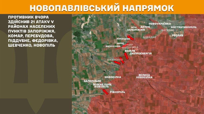 At Novopavlivka direction clashes yesterday near Zaporizhzhya, Komar, Perebudova, Piddubne, Fedorivka, Shevchenko, Novopil, - General Staff of Armed Forces of Ukraine reports