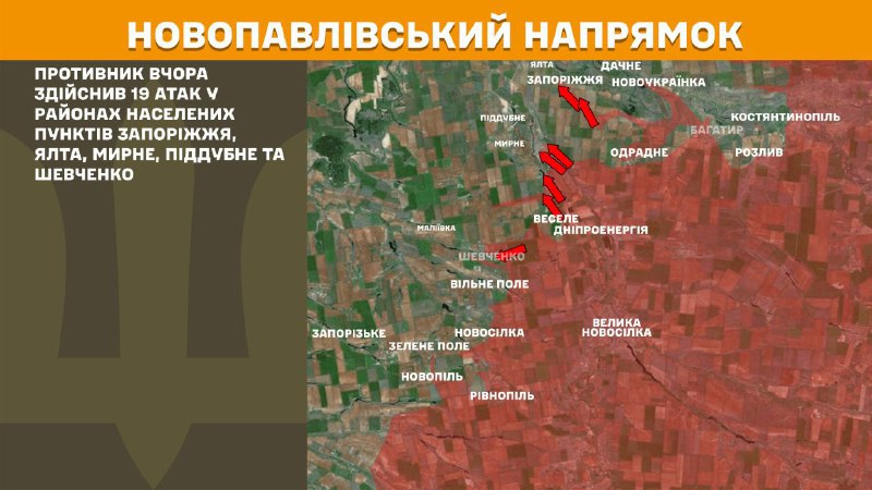 At Novopavlivka direction clashes yesterday near Zaporizhzhya, Yalta, Myrne, Piddubne and Shevchenko, - General Staff of Armed Forces of Ukraine reports