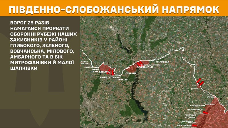 At South Slobozhansky(Kharkiv) direction clashes yesterday near Hlyboke, Zelene, Vovchansk, Milove, Ambarne and towards Mytrofanivka and Mala Shapkivka, - General Staff of Armed Forces of Ukraine reports