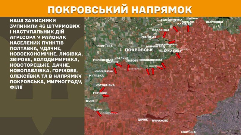 At Pokrovsk direction clashes yesterday near Poltavka, Udachne, Novoekonomichne, Lysivka, Zvirove, Volodymyrivka, Novotoretske, Dachne, Novopavlivka, Horikhove, Oleksiyivka and towards Pokrovsk, Myrnohrad, Filiya, - General Staff of Armed Forces of Ukraine reports