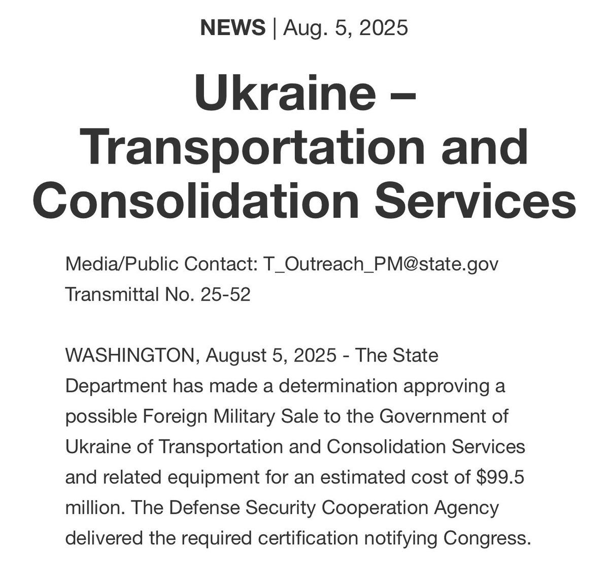 The U.S. State Department on Tuesday approved two potential sales of military equipment to Ukraine, together worth approximately $204 Million. The first sale includes equipment, repair services, and sustainment support for M777 Howitzers and related equipment for an estimated cost of $104 Million, while the second sale consists of transportation, consolidation services, and related equipment for an estimated cost of $99.5 Million. Over the last three weeks, the U.S. State Department has approved a number of foreign military sales to Ukraine, in total worth upwards of $855 Million