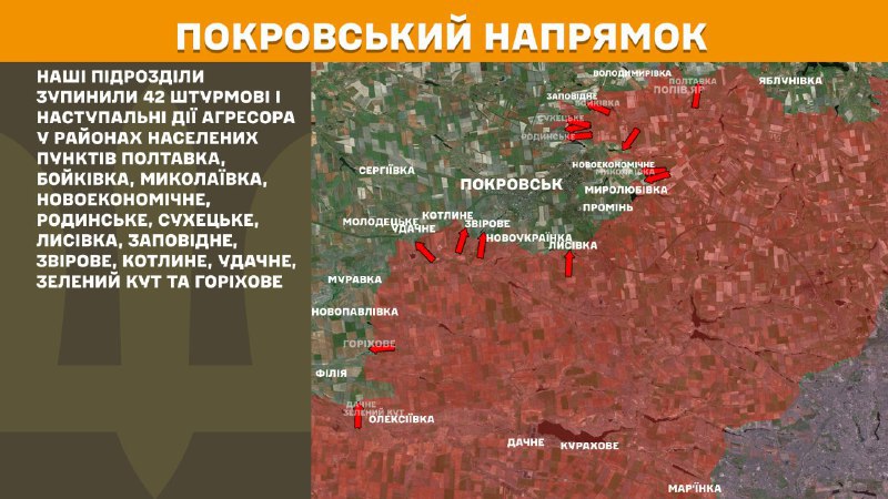 At Pokrovsk direction clashes yesterday near Poltavka, Boykivka, Mykolayivka, Novoekonomichne, Rodynske, Sukhetske, Lysivka, Zapovidne, Zvirove, Kotlyne, Udachne, Zelenyy Kut and Horikhove, - General Staff of Armed Forces of Ukraine reports