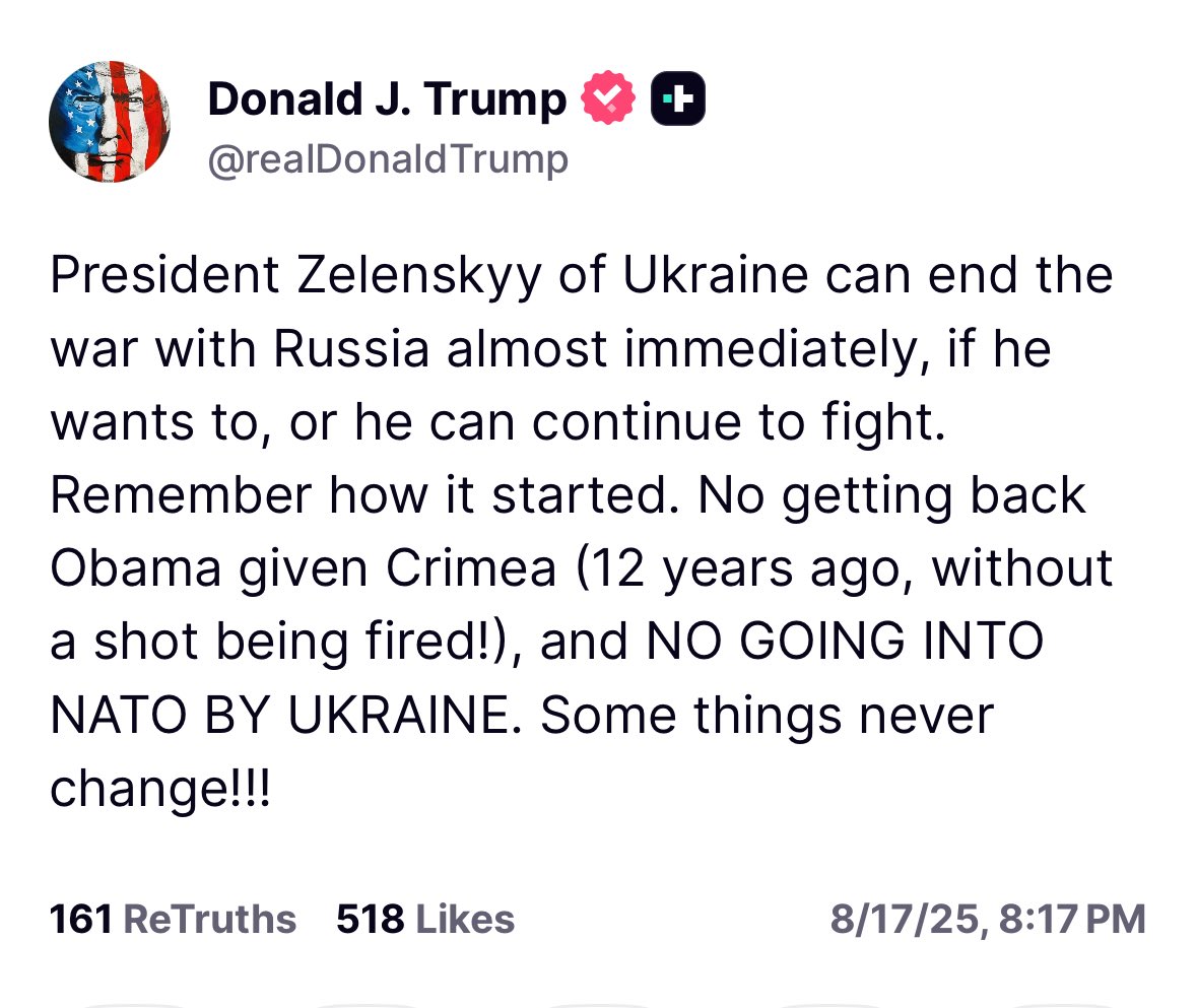 Trump announces that Ukraine will not get Crimea back and and no NATO for Ukraine