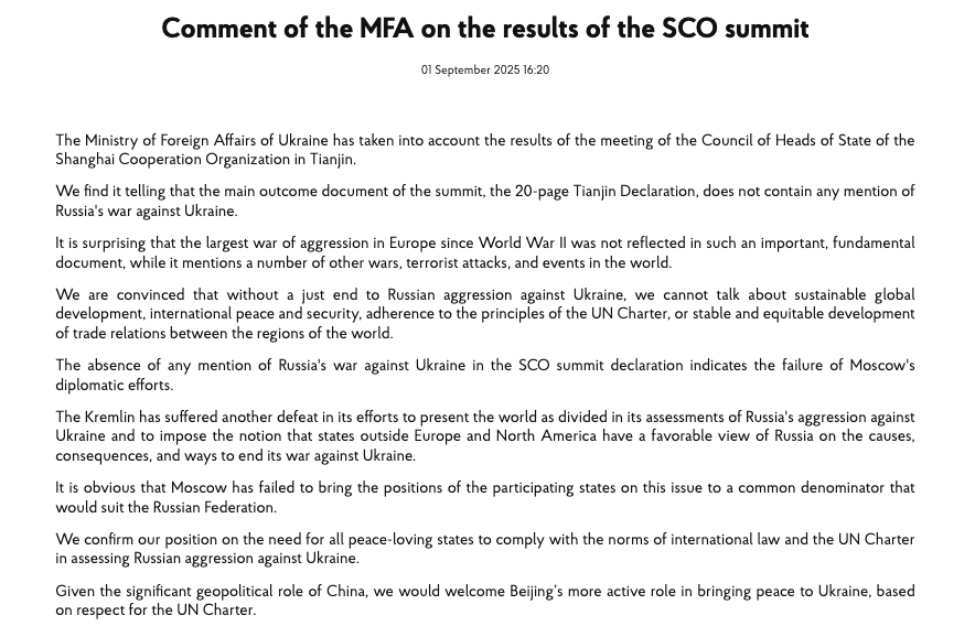 Ukraine has lambasted the closing statement of SCO summit hosted by China for failing to mention Russia's war - the largest war of aggression in Europe since WWII, while it mentions a number of other wars, terrorist attacks, events in the world