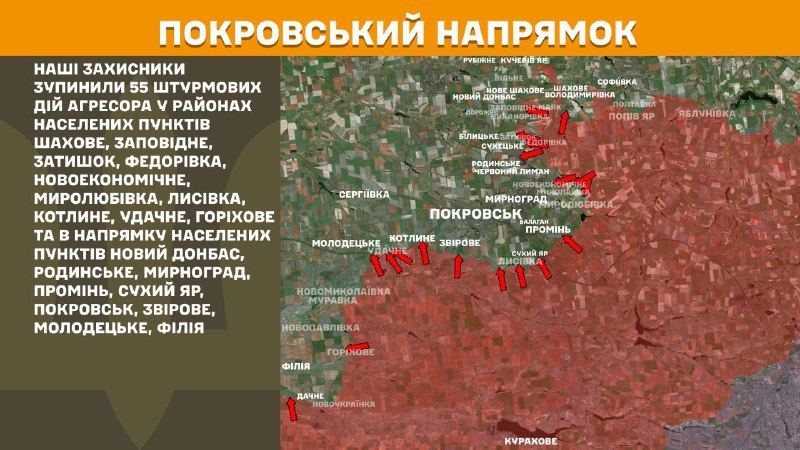 At Pokrovsk direction clashes yesterday near Shakhove, Zapovidne, Zatyshok, Fedorivka, Novoekonomichne, Myrolubivka, Lysivka, Kotlyne, Udachne, Horikhove and towards towns Novyy Donbas, Rodynske, Myrnohrad, Promin, Sukhyy Yar, Pokrovsk, Zvirove, Molodetske, Filiya, - General Staff of Armed Forces of Ukraine reports