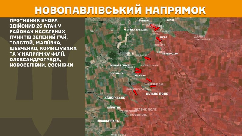 At Novopavlivka direction clashes yesterday near  Zelenyy Hay, Tolstoy, Maliyivka, Shevchenko, Komyshuvakha and towards Filiya, Oleksandrohrad, Novoselivka, Sosnivka, - General Staff of Armed Forces of Ukraine reports