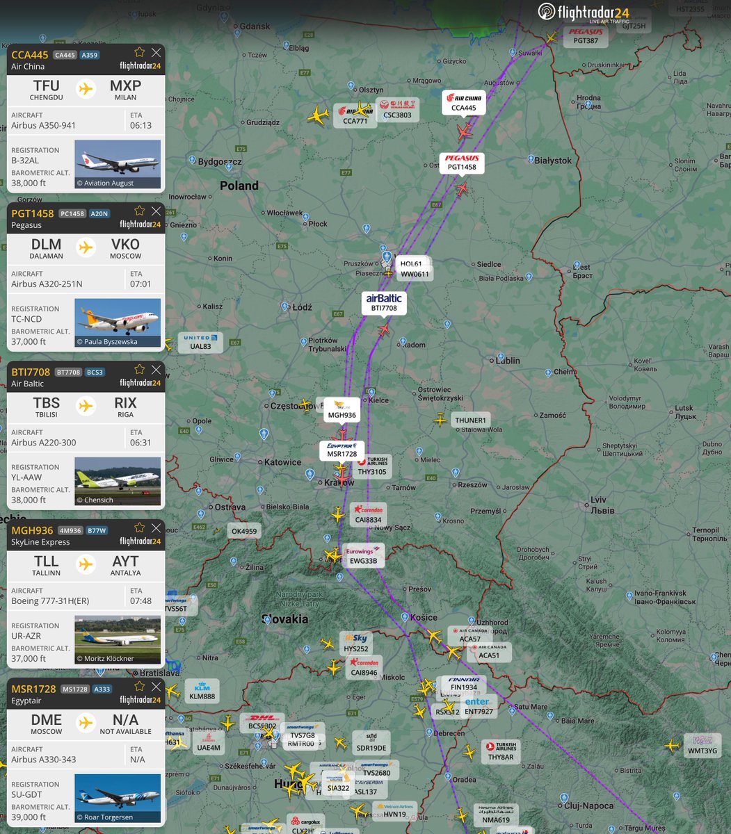 NOTAMs for closures at Modlin and Warsaw are set to expire at 0330 UTC (~60 minutes from now), while NOTAMs for Rzeszow and Lublin are scheduled to end at 0600 (all times preliminary and subject to change). Transit traffic over Poland continuing to stay west of normal routes