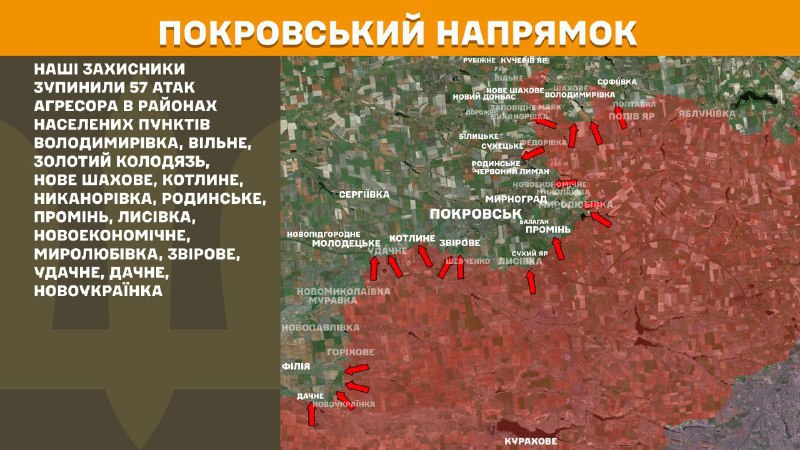At Pokrovsk direction clashes yesterday near Volodymyrivka, Vilne, Zolotyy Kolodyaz, Nove Shakhove, Kotlyne, Nykanorivka, Rodynske, Promin, Lysivka, Novoekonomichne, Myrolubivka, Zvirove, Udachne, Dachne, Novoukrayinka, - General Staff of Armed Forces of Ukraine reports