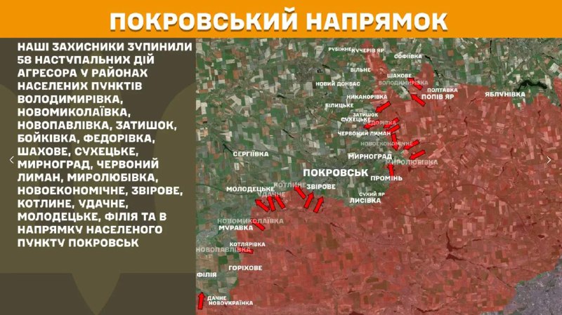 At Pokrovsk direction clashes yesterday near Volodymyrivka, Novomykolayivka, Novopavlivka, Zatyshok, Boykivka, Fedorivka, Shakhove, Sukhetske, Myrnohrad, Chervonyy Lyman, Myrolubivka, Novoekonomichne, Zvirove, Kotlyne, Udachne, Molodetske, Filiya and towards Pokrovsk, - General Staff of Armed Forces of Ukraine reports