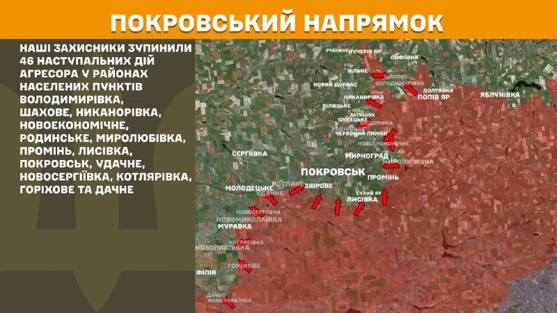 At Pokrovsk direction clashes yesterday near Volodymyrivka, Shakhove, Nykanorivka, Novoekonomichne, Rodynske, Myrolubivka, Promin, Lysivka, Pokrovsk, Udachne, Novoserhiyivka, Kotlyarivka, Horikhove and Dachne, - General Staff of Armed Forces of Ukraine reports
