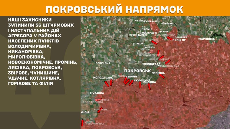 At Pokrovsk direction clashes yesterday near Volodymyrivka, Nykanorivka, Myrolubivka, Novoekonomichne, Promin, Lysivka, Pokrovsk, Zvirove, Chunyshyne, Udachne, Kotlyarivka, Horikhove and Filiya, - General Staff of Armed Forces of Ukraine reports