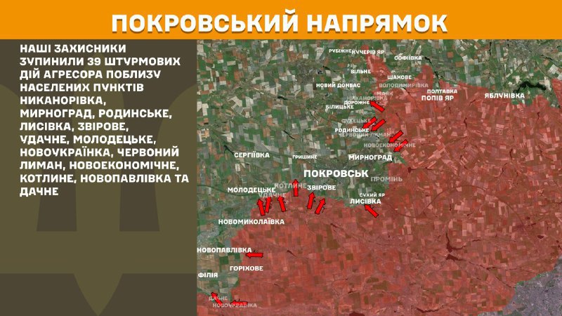 At Pokrovsk direction clashes yesterday near Nykanorivka, Myrnohrad, Rodynske, Lysivka, Zvirove, Udachne, Molodetske, Novoukrayinka, Chervonyy Lyman, Novoekonomichne, Kotlyne, Novopavlivka and Dachne, - General Staff of Armed Forces of Ukraine reports