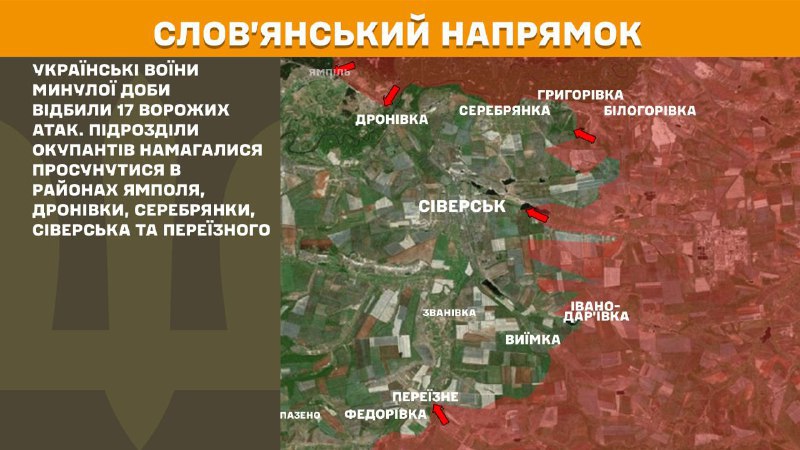 At Sloviansk direction clashes yesterday near Yampil, Dronivka, Serebryanka, Siversk and Pereyizne, - General Staff of Armed Forces of Ukraine reports