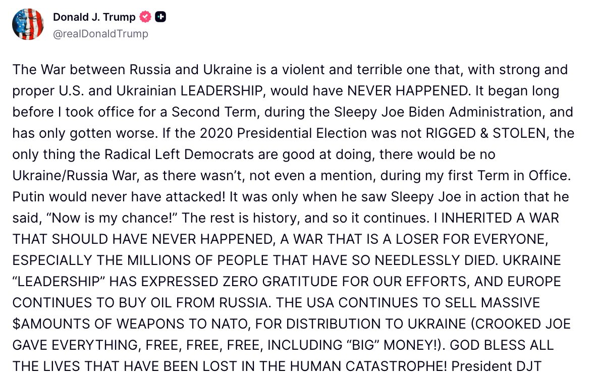 In a new post Trump is quoting Ukrainian leadership and says it is not grateful to his efforts to end the war in Ukraine