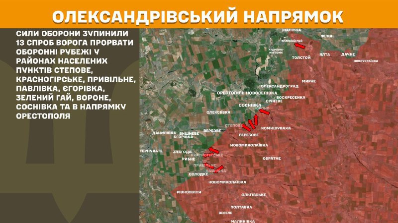 At Oleksandrivka direction clashes yesterday near Stepove, Krasnohirske, Pryvilne, Pavlivka, Yehorivka, Zelenyy Hay, Vorone, Sosnivka and towards Orestopil, - General Staff of Armed Forces of Ukraine reports