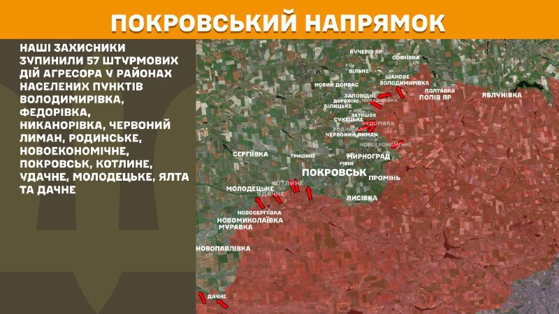 At Pokrovsk direction clashes yesterday near Volodymyrivka, Fedorivka, Nykanorivka, Chervonyy Lyman, Rodynske, Novoekonomichne, Pokrovsk, Kotlyne, Udachne, Molodetske, Yalta and Dachne, - General Staff of Armed Forces of Ukraine reports