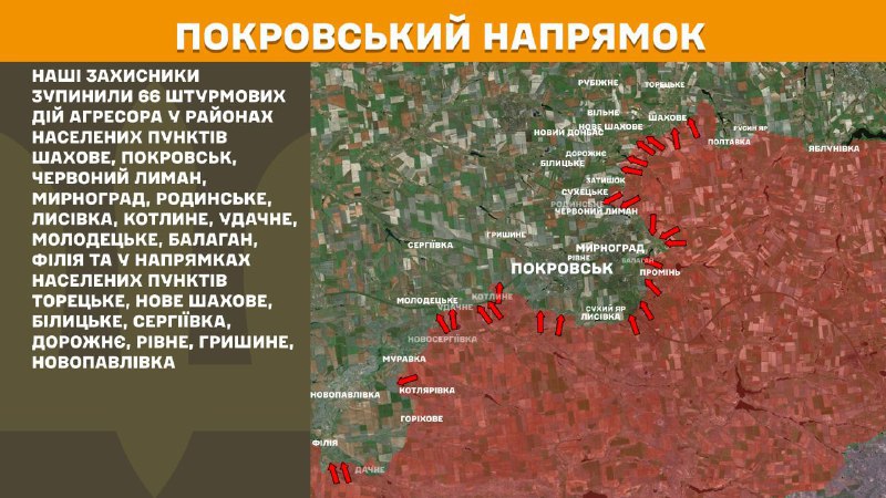 At Pokrovsk direction clashes yesterday near Shakhove, Pokrovsk, Chervonyy Lyman, Myrnohrad, Rodynske, Lysivka, Kotlyne, Udachne, Molodetske, Balahan, Filiya and towards Toretske, Nove Shakhove, Bilytske, Serhiyivka, Dorozhnye, Rivne, Hryshyne, Novopavlivka, - General Staff of Armed Forces of Ukraine reports