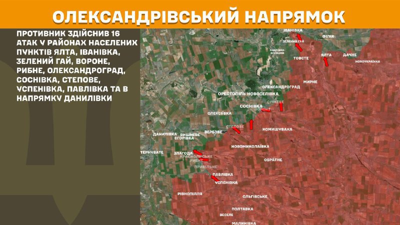 At Oleksandrivka direction clashes yesterday near Yalta, Ivanivka, Zelenyy Hay, Vorone, Rybne, Oleksandrohrad, Sosnivka, Stepove, Uspenivka, Pavlivka and towards Danylivka, - General Staff of Armed Forces of Ukraine reports
