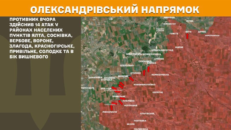 At Oleksandrivka direction clashes yesterday near Yalta, Sosnivka, Verbove, Vorone, Zlahoda, Krasnohirske, Pryvilne, Solodke and towards Vyshneve, - General Staff of Armed Forces of Ukraine reports
