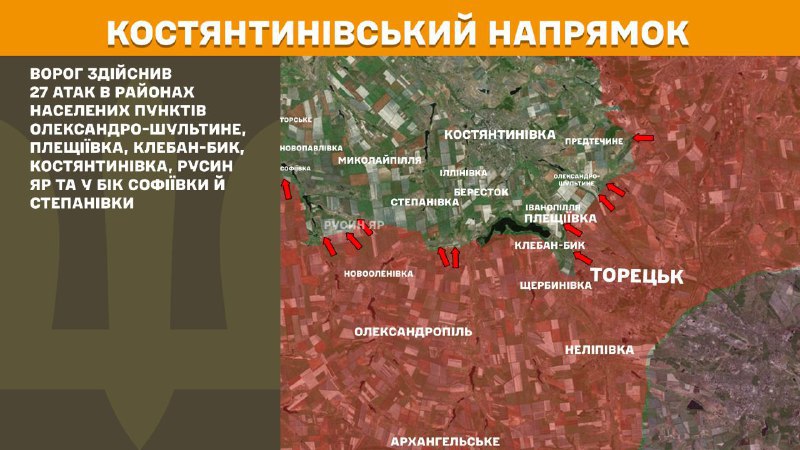 At Kostiantynivka direction clashes yesterday near Oleksandro-Shultyne, Pleschiyivka, Kleban-Byk, Kostyantynivka, Rusyn Yar and towards Sofiyivka and Stepanivka, - General Staff of Armed Forces of Ukraine reports