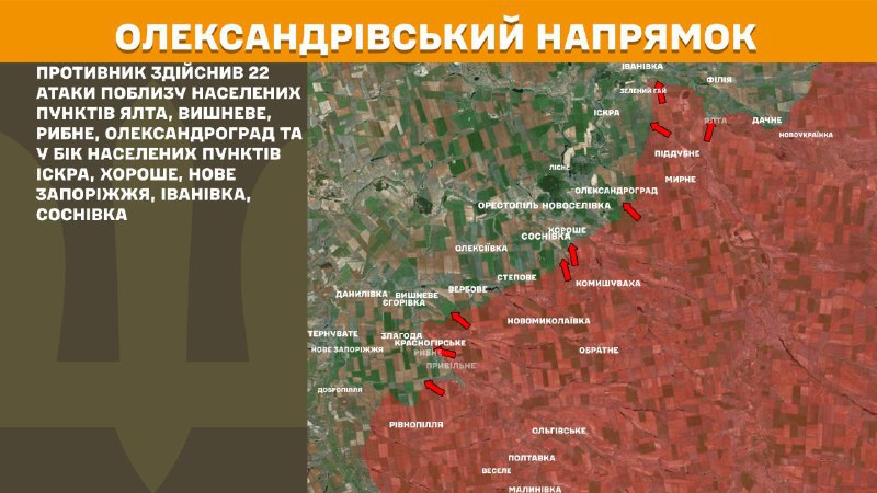 At Oleksandrivka direction clashes yesterday near Yalta, Vyshneve, Rybne, Oleksandrohrad and towards towns Iskra, Khoroshe, Nove Zaporizhzhya, Ivanivka, Sosnivka, - General Staff of Armed Forces of Ukraine reports