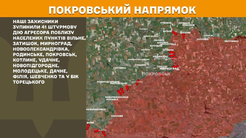 At Pokrovsk direction clashes yesterday near Vilne, Zatyshok, Myrnohrad, Novooleksandrivka, Rodynske, Pokrovsk, Kotlyne, Udachne, Novopidhorne, Molodetske, Dachne, Filiya, Shevchenko and towards Toretske, - General Staff of Armed Forces of Ukraine reports