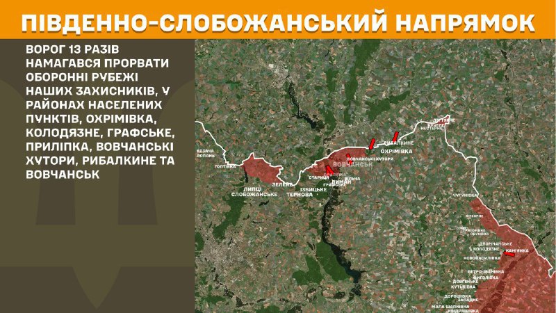 At South Slobozhansky(Kharkiv) direction clashes yesterday near Okhrimivka, Kolodyazne, Hrafske, Prylipka, Vovchanski Khutory, Rybalkyne and Vovchansk, - General Staff of Armed Forces of Ukraine reports