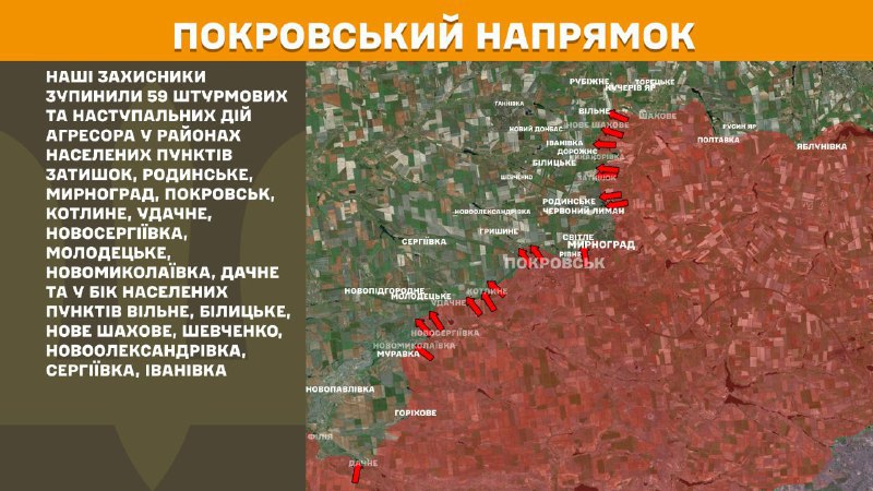 At Pokrovsk direction clashes yesterday near Zatyshok, Rodynske, Myrnohrad, Pokrovsk, Kotlyne, Udachne, Novoserhiyivka, Molodetske, Novomykolayivka, Dachne and towards Vilne, Bilytske, Nove Shakhove, Shevchenko, Novooleksandrivka, Serhiyivka, Ivanivka, - General Staff of Armed Forces of Ukraine reports