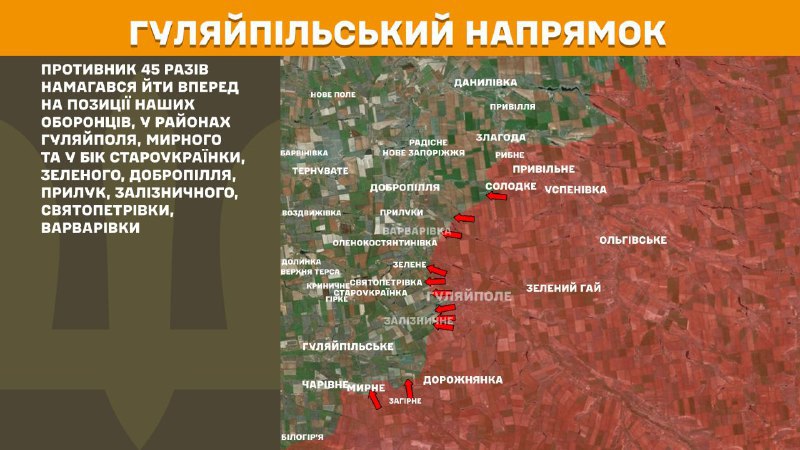 At Huliaipole direction clashes yesterday near Huliaipole, Myrne and towards Staroukrayinka, Zelene, Dobropillya, Pryluky, Zaliznychne, Svyatopetrivka, Varvarivka, - General Staff of Armed Forces of Ukraine reports